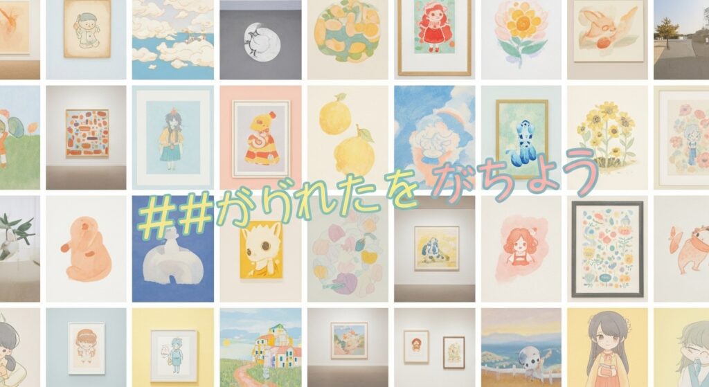 「今月描いた絵を晒そう」ハッシュタグが手書き風に重ねられた、パステルカラーのデジタルイラストレーション作品のクリエイティブなコラージュ。SNSで広がる創作投稿文化を象徴し、ブログ記事「「今月描いた絵を晒そう」とは？SNSで広がる創作投稿文化をわかりやすく解説」の内容を視覚的に表現しています。スクリーンリーダー利用者や検索エンジンに、画像が記事のテーマ「今月描いた絵を晒そう」を解説するものであることを伝えます。