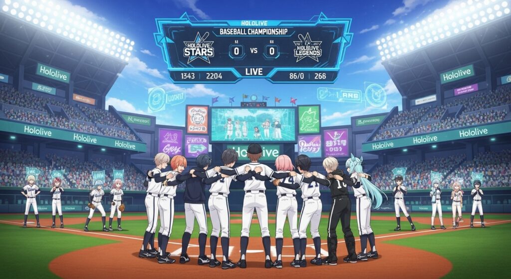 色彩豊かでエネルギッシュなバーチャル野球スタジアムで、ホロライブVTuberアバターたちが野球ユニフォームを着用し、チームとして応援したり集まったりしている様子。活気あるeスポーツ放送のような雰囲気とダイナミックなライティングが特徴で、「ホロライブ甲子園2025」の熱気を伝えるアイキャッチ画像。