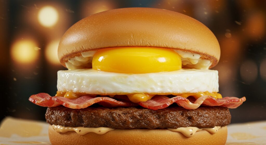 2025年マクドナルドの月見バーガーの食欲をそそるクローズアップ。完璧な丸い黄金色の卵黄が満月のように輝き、ジューシーなビーフパティ、カリカリのベーコン、クリーミーな特製新ソースと共に、ふっくらとしたバンズに挟まれています。背景には、ぼかされた暖かな秋の日本の夜景が広がり、ほのかな月の光が感じられます。ブログ投稿「月見バーガーいつから?2025年マック全情報と他社徹底比較ガイド」のアイキャッチ画像として、SEOとアクセシビリティを考慮して作成されました。