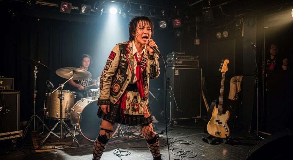 薄暗いライブハウスで熱唱する日本の地下アイドル。ドキュメンタリータッチで捉えられたその姿は、生の感情とパフォーマンスのリアルさを際立たせています。ノンフィクション「地下アイドル」の過酷ながらも輝かしい日常と深遠な闇を解説する本記事の内容を視覚的に補完します。