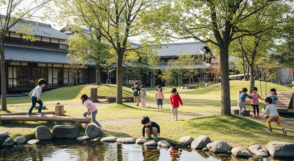 小俣幼児生活団の広々とした自然の遊び場で、木々、池、伝統的な木造建築を背景に、日本の未就学児たちが明るく自由に遊んでいます。温かく解放感あふれる保育の様子を伝える画像です。