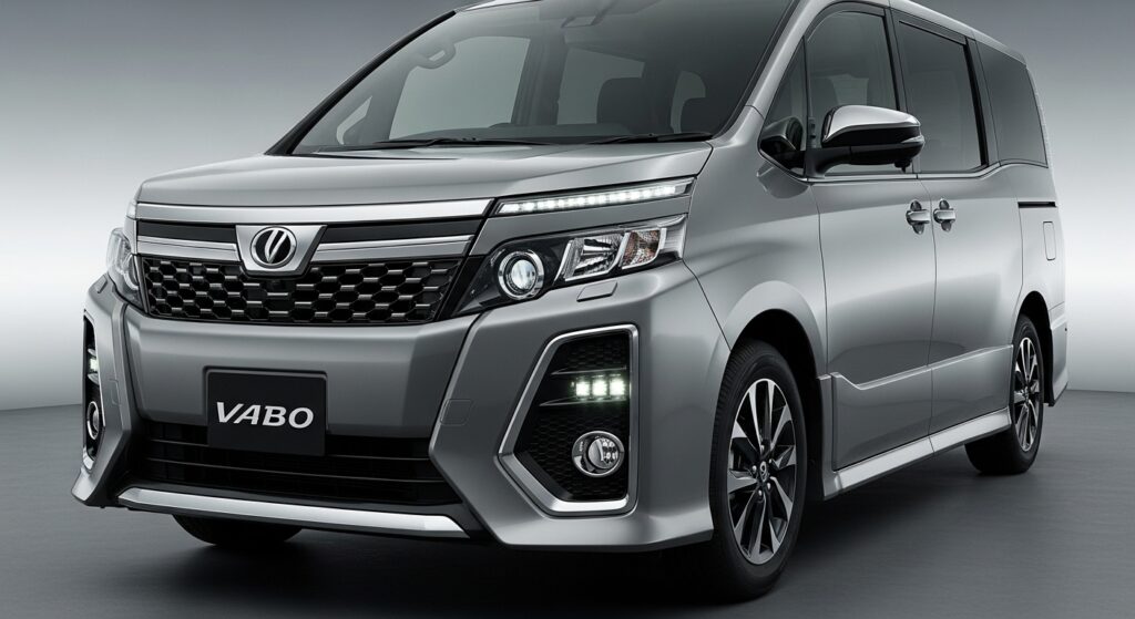 2025年9月登場予定のトヨタ ヴォクシー マイナーチェンジ版のフロント斜めからのショット。新デザインの大型フロントグリルとLEDヘッドライトが特徴で、特にLEDデイタイムランニングライトの質感とグリルデザインが先進性と実用性を両立したスタイルを強調しています。シンプルなスタジオ背景で、画像サイズは水平16:9です。