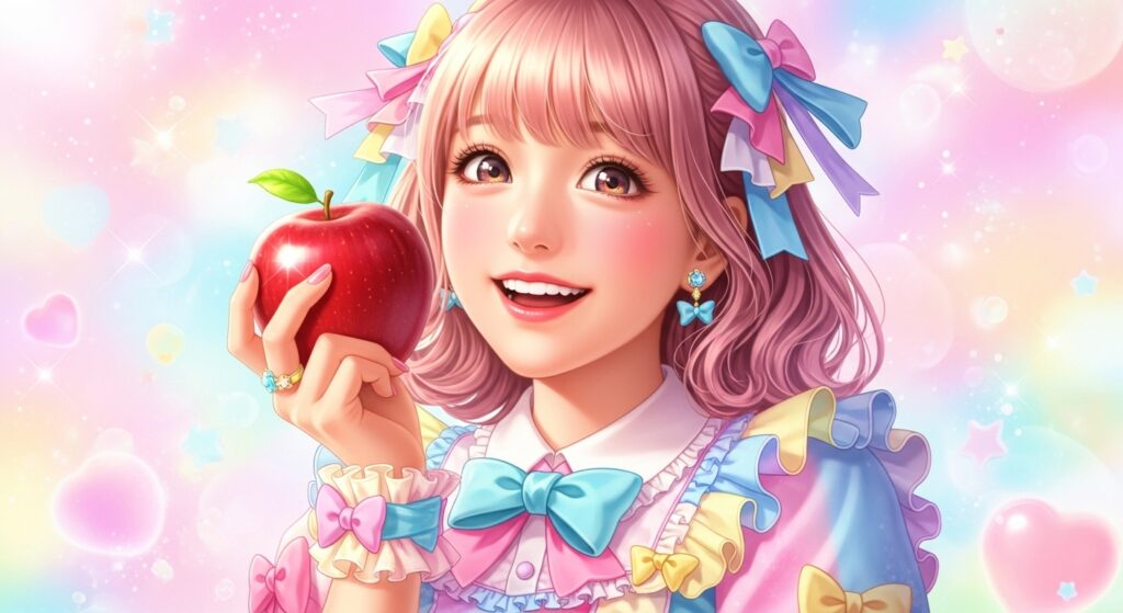 鮮やかなパステルカラーの背景で、満面の笑顔を浮かべたりんごを持つ松村沙友理（さゆりんご）のポートレート。柔らかな光が彼女の魅力を引き立て、温かくカワイイ雰囲気を表現しています。ブログ記事「松村沙友理の“魅力と歩み”を徹底解説」のアイキャッチ画像として、その愛され続ける理由を象徴する一枚です。