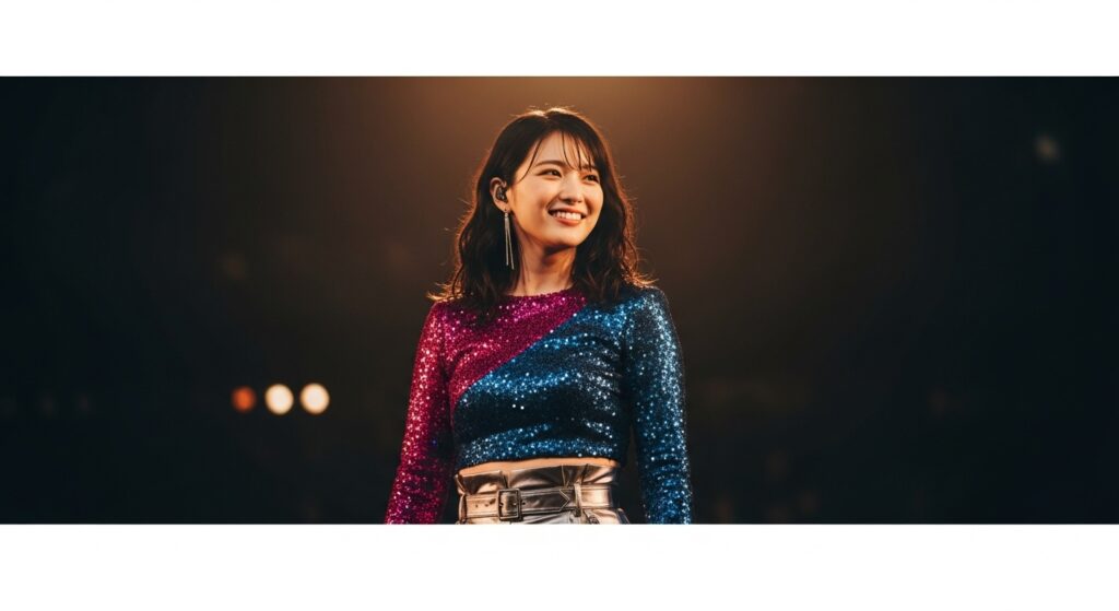 注目の歌姫・海老原鼓（ME:I）が、現代的なステージ衣装を身に着け、暖かく柔らかな照明とスポットライトの下で、若々しい魅力と音楽的エネルギーを放ちながら微笑むポートレートです。ブログ記事「注目の歌姫・海老原鼓（ME:I）とは？プロフィールから活動再開まで徹底解説」の主要なアイキャッチ画像として、SEOとアクセシビリティを考慮して作成されました。