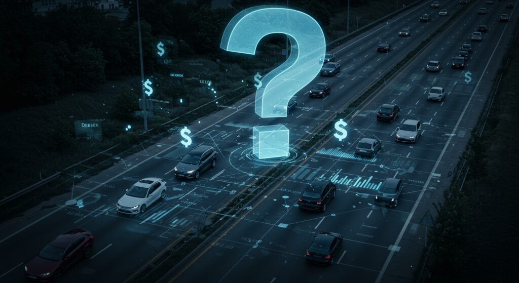最新の電気自動車や従来車が活気ある高速道路を走る、高角度から捉えたシネマティックな画像。道路上には光るデータ線と浮遊する貨幣記号を伴う透明なデジタルグリッドが重なり、各車両の走行距離を追跡している。上空には巨大な半透明の疑問符が浮かび、走行距離課税（RUC）が提起する激しい議論と経済的影響を象徴している。道路は整備された部分と摩耗の兆候が混在し、インフラ維持の課題を示唆。