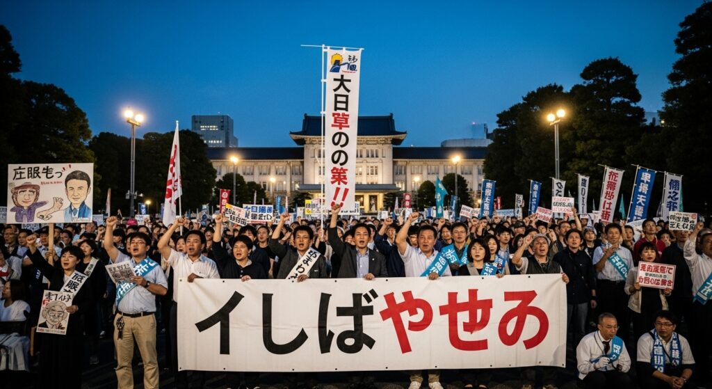 夕暮れの首相官邸前で、「石破辞めろ」の横断幕を掲げた多様な人々が参加する活気ある抗議デモの様子。ニュースのような雰囲気で、政治的な動きと市民の声が伝わる場面。この画像は、ブログ記事「「石破辞めろデモ」とは？最新状況と背景をわかりやすく解説」の主要なテーマを視覚的に表現しています。