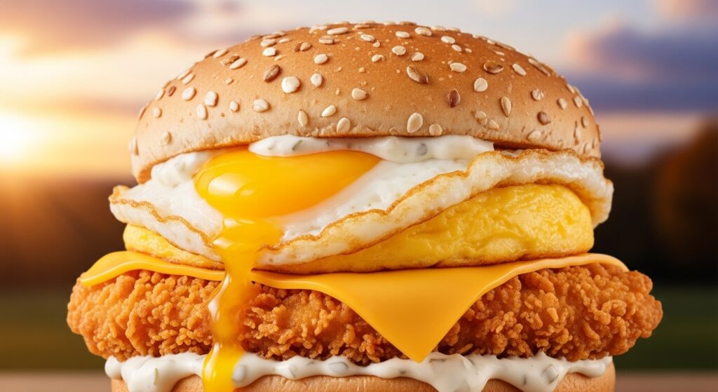 2025年ケンタッキー「とろ〜り月見バーガー」のクローズアップ写真。香ばしい全粒粉バンズから、とろりとした目玉焼き風オムレツがあふれ、鮮やかなチェダーチーズとタルタルソースの黄色がとろける質感を強調しています。背景には秋の夕焼けが広がる横長16:9の画像です。