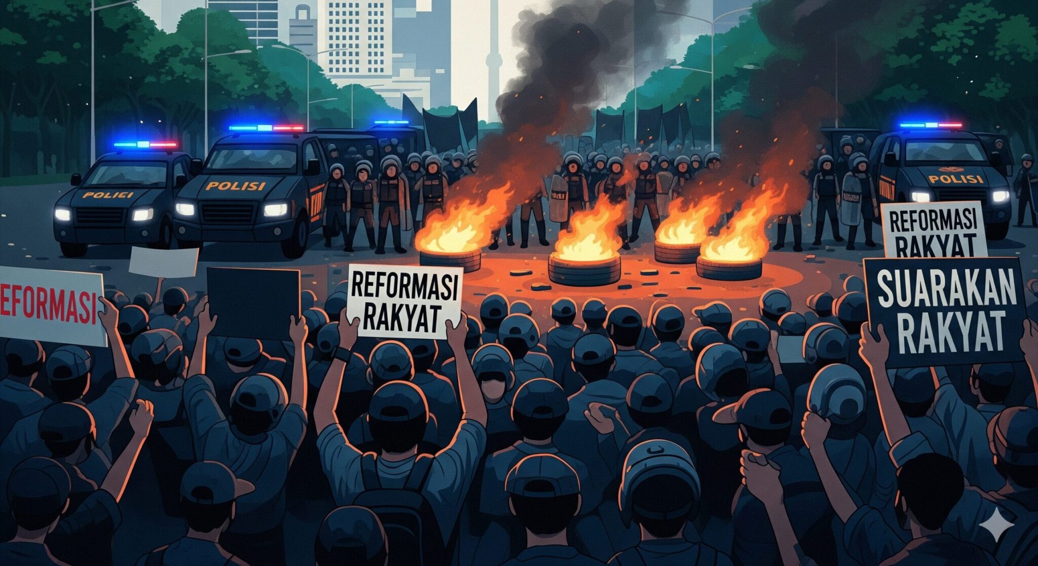 ジャカルタのデモの様子を描いたイラスト。群衆と警察車両、燃える炎が描かれ、臨場感と緊張感が伝わる。