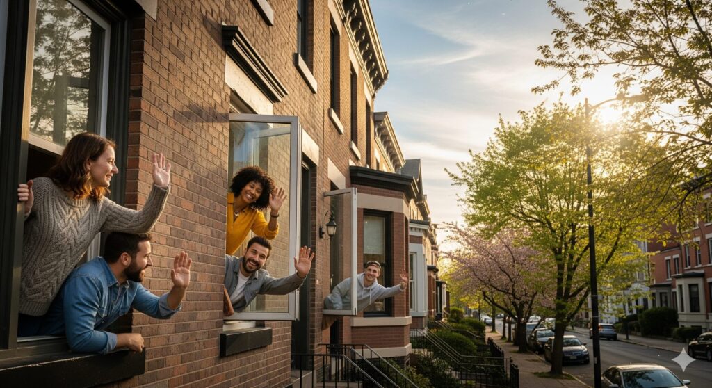 親しい友人同士が自分の家で笑顔で手を振り合うイラスト