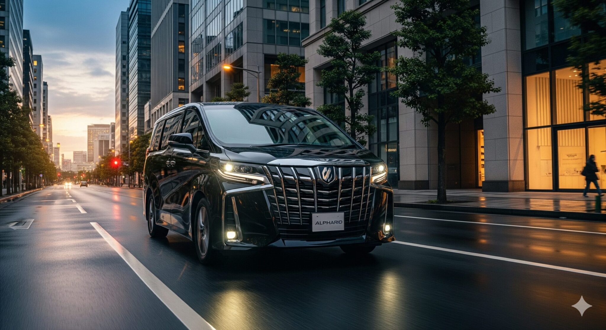 高級ミニバンのアルファードが街中を走る様子、残クレをイメージしたビジュアル