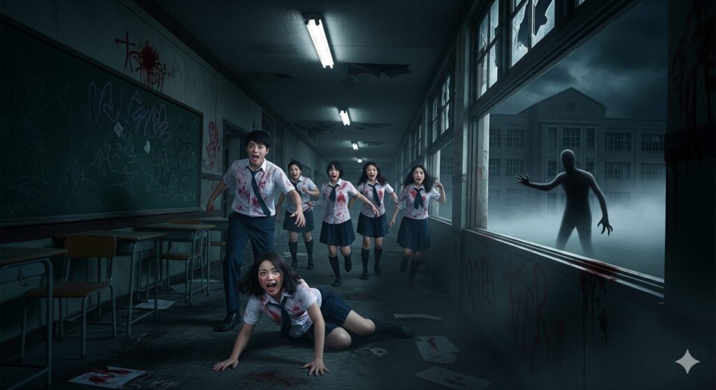 血まみれの高校で宙に浮く制服姿の高校生たち