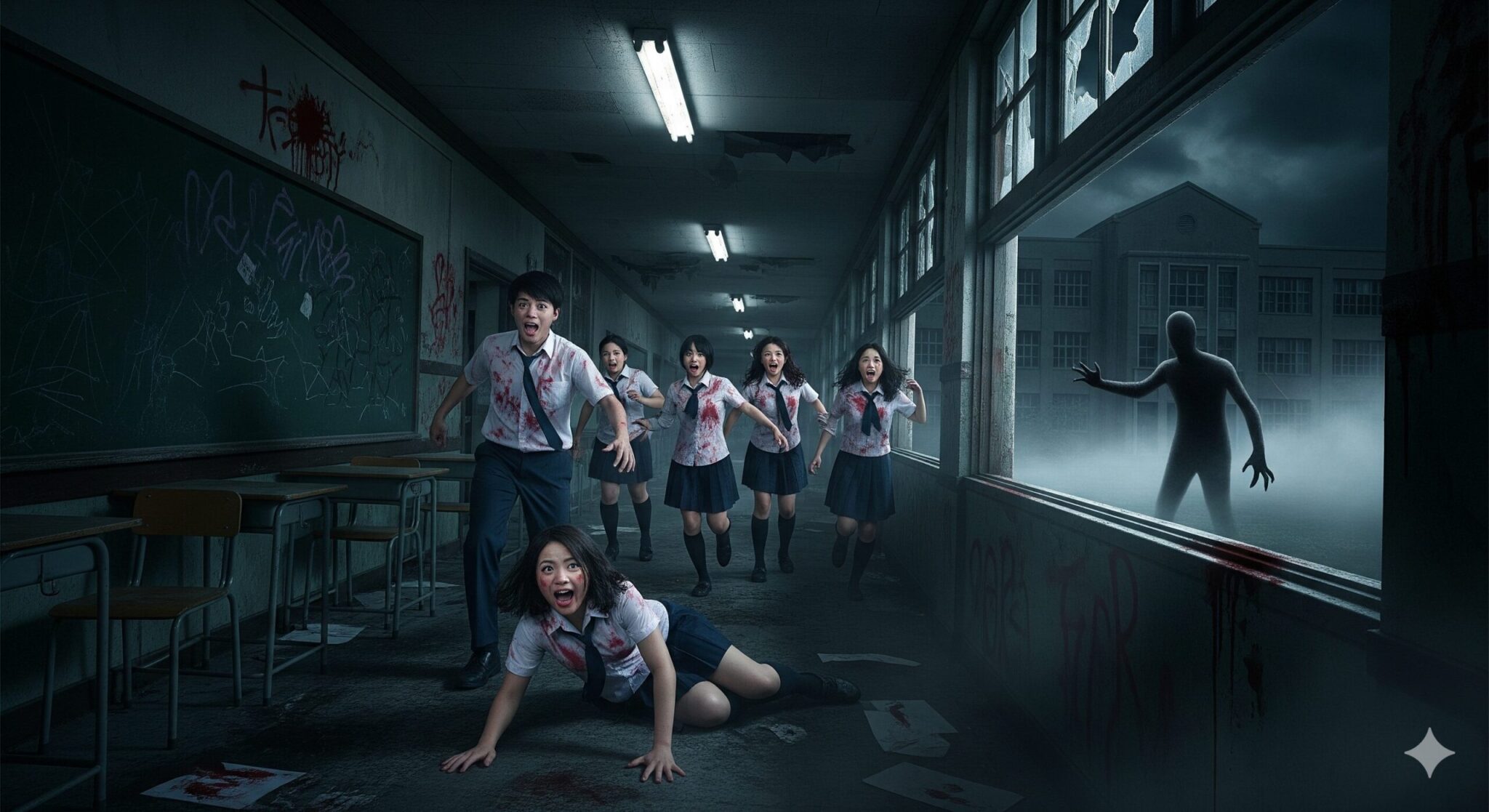 血まみれの高校で宙に浮く制服姿の高校生たち