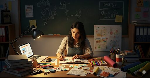 公立学校の教師が自腹で教材や文具を準備している様子を描いたイラスト
