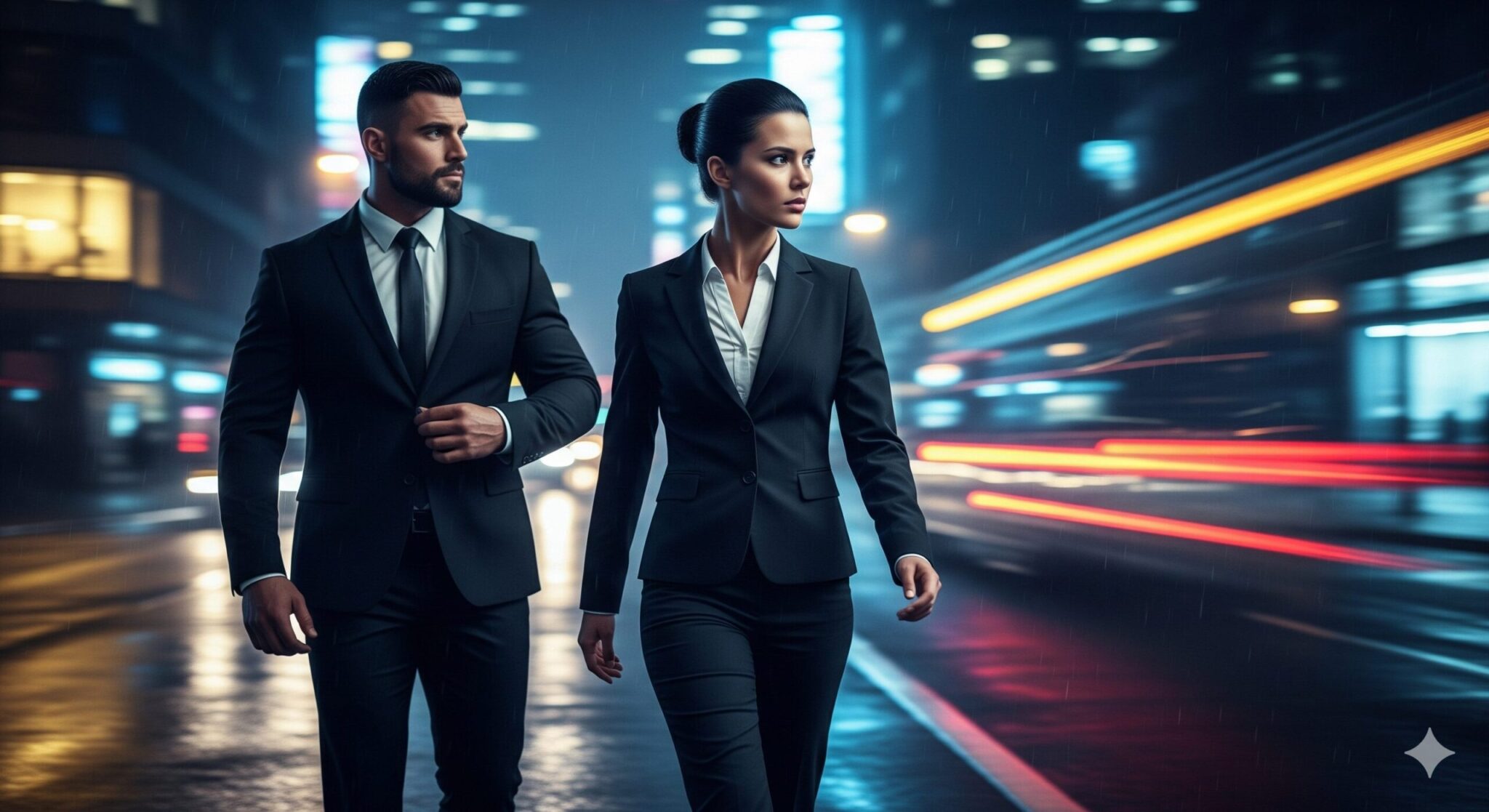 ボディガードが夜景の中で女性を守る場面