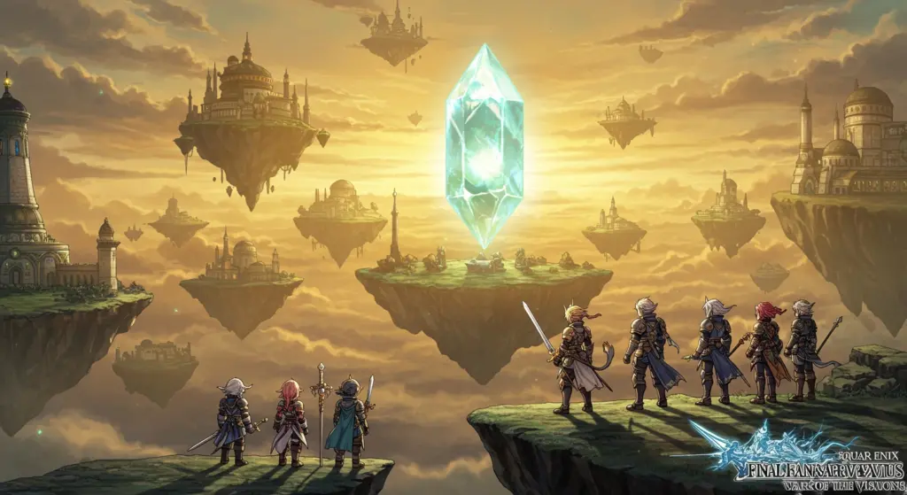 「FFBE幻影戦争」の終焉を象徴する壮大なファンタジー風景。ライオンズ、ホルン、フェネスの浮遊島や古代建築群が夕日に染まる中、崖に立つ歴戦の英雄たちが、輝きを失いゆく巨大なクリスタルと、シリーズの幕引きを迎える世界を静かに見つめている。サービス終了の寂寥感と、積み重ねられた物語の軌跡が感じられる一枚。