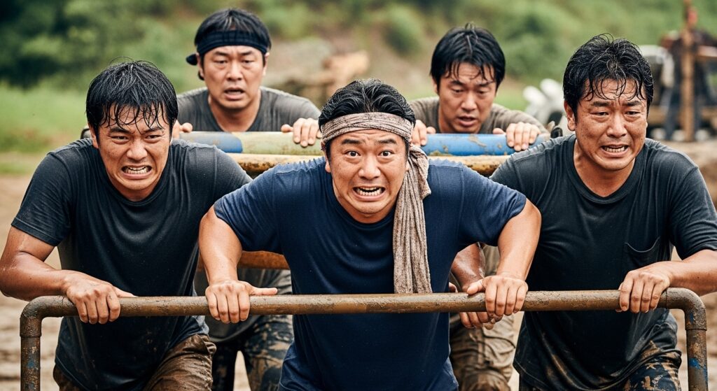 汗と泥にまみれ、過酷な屋外チャレンジに挑む芸人たちの姿。「芸人キャノンボール」伝説の企画で見せる、極限の疲労とダークなユーモアが交錯する瞬間を捉えた一枚。動画を探しているユーザーへ視覚的にアピールします。