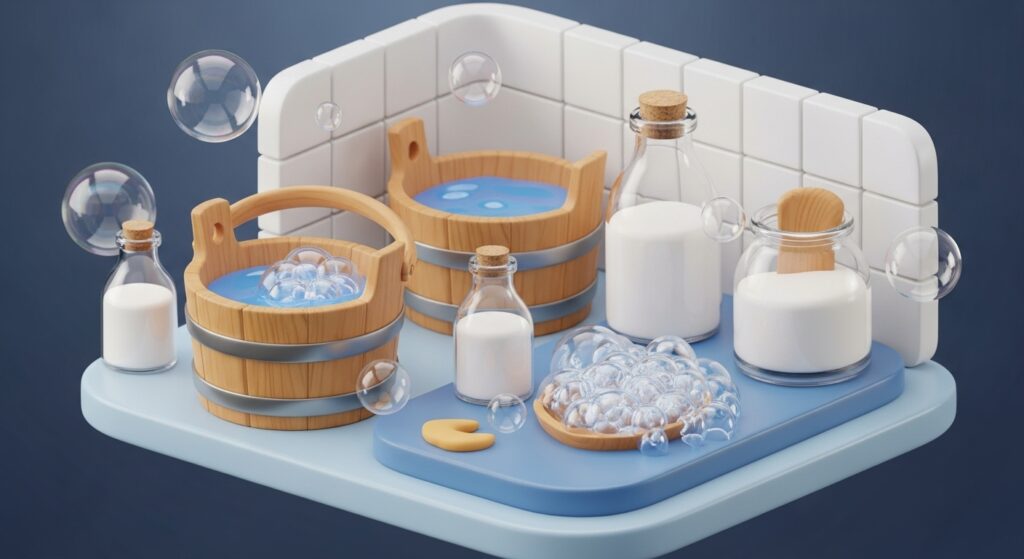 ちいかわ一番くじ「ちいかわの湯」をテーマにした、カラフルで丸みのある3Dアイコンスタイルのイラスト。バケツ、タイル張りの壁、牛乳瓶、石鹸の泡といった銭湯のモチーフが、心地よくリラックスできる雰囲気で描かれています。ロゴやテキストは含まれていません。