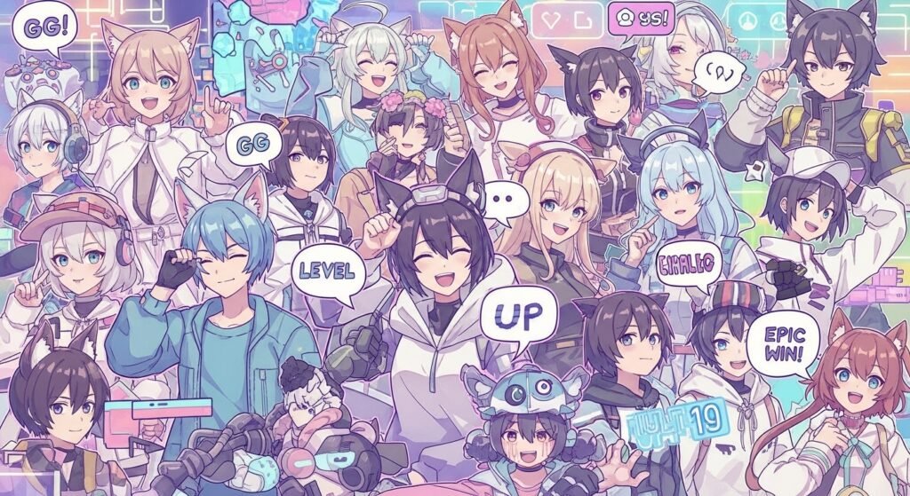 活気に満ちた人気VTuberたちがエネルギッシュなポーズで集合したコラージュ画像。パステルとネオンカラーが織りなすダイナミックで遊び心のある雰囲気の中で、グループゲームを楽しむ様子を表現しています。「にじさんじバスターズ」のコラボ配信の魅力を視覚的に伝える、16:9比率の鮮やかなアニメーションスタイル。