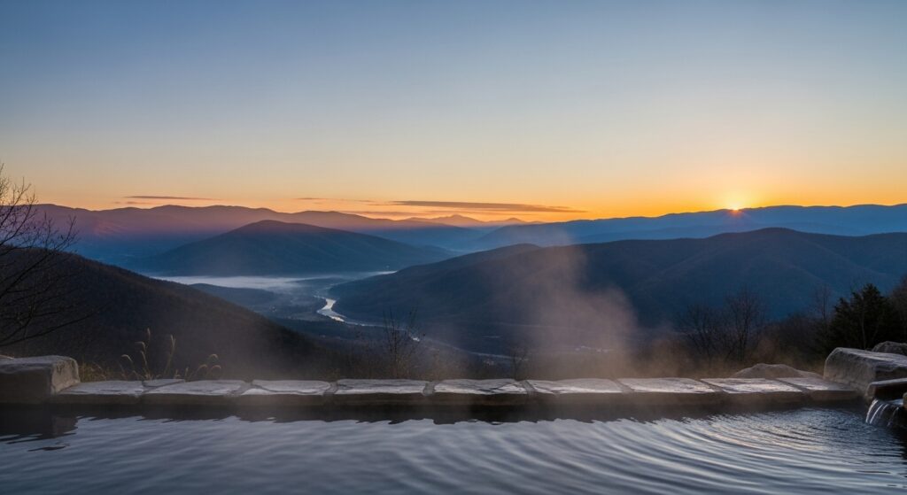 夜明けのほったらかし温泉から望む、壮大な山々と谷の絶景露天風呂。暖かい湯気と共に静かでリラックスした雰囲気が漂い、早朝の空が美しく広がっています。ブログ記事「ほったらかし温泉の魅力と楽しみ方」に関連するアイキャッチ画像です。