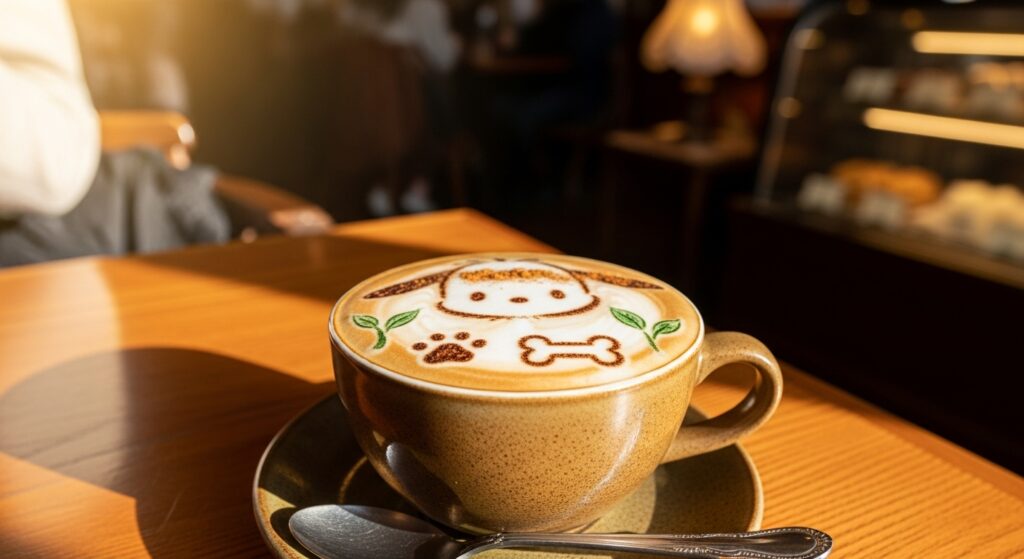 温かいブラウンのパステル調で描かれた、サンリオのポチャッコがデザインされた可愛いほうじ茶ラテカップ。カップの中のラテアートには、ポチャッコの顔と共に茶葉が繊細に表現されており、居心地の良いカフェの雰囲気を醸し出しています。マウントレーニアとサンリオのコラボレーションを想起させる、心温まる一枚です。