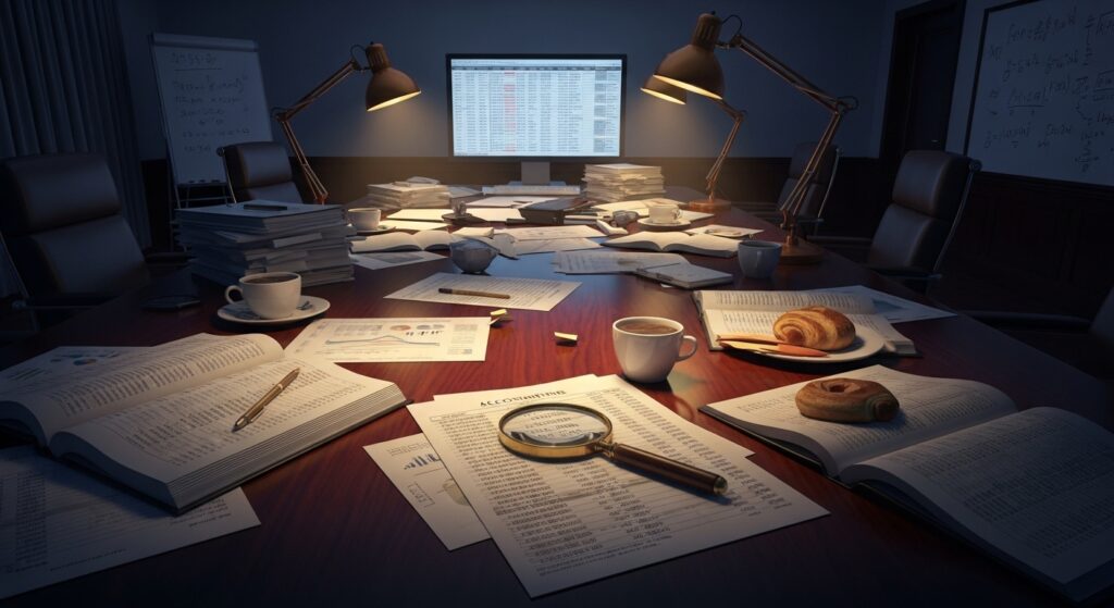 ニデックの不正会計疑惑に関連する厳粛な調査風景。散らばる会計帳簿や財務書類、虫眼鏡が指し示す重要文書が置かれた企業会議室で、深刻な不正会計の実態解明に向けた徹底的な調査が進行している様子を象徴。記事「ニデック 不正会計疑惑とは？経緯・株価影響・第三者委設置の詳細解説」の内容を視覚的に表現しています。