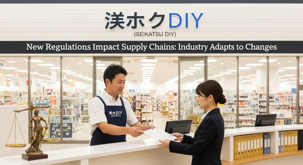 日本のホームセンターの店先で、小売業者と供給業者が真剣な表情で書類を交換しています。背景には公正な取引と法的合意を象徴する天秤が配され、ビジネスにおける公平性と正義の重要性を強調。薄く重ねられたニュース見出しが、専門的で情報量豊かな雰囲気を添えています。契約の自動化、公正な交渉、サプライチェーンの最適化に関する記事のアイキャッチ画像として利用できます。