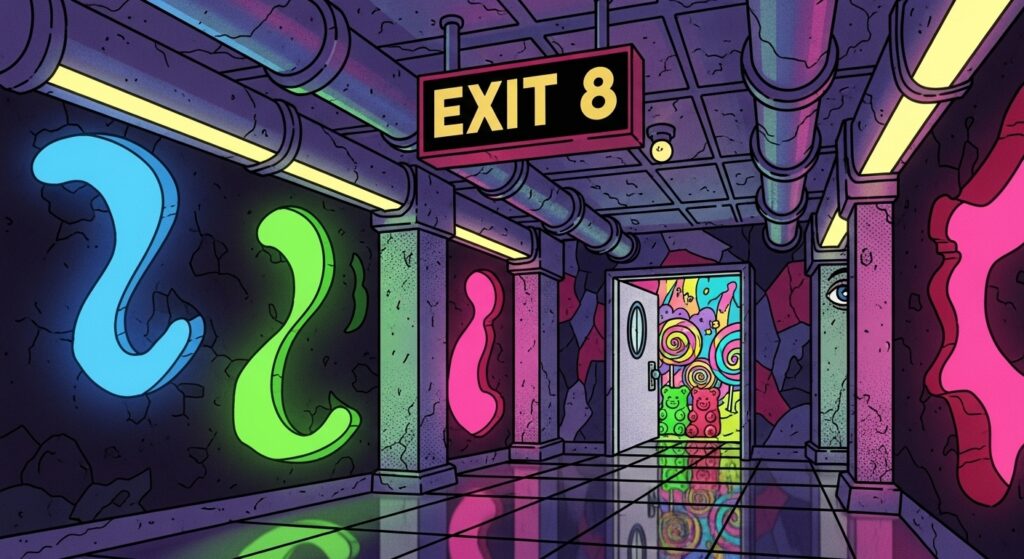 二宮和也主演で話題の『8番出口』の世界観を表現した、カラフルで遊び心のあるイラスト。地下通路に立つ「出口8」と書かれた謎めいた標識が特徴的で、ポップアートから着想を得た鮮やかなネオンカラーと大胆な図形が使用されています。この超現実的で楽しい雰囲気の地下通路は、ゲームや映画のロケ地やモデルとなった実在の駅への興味をかき立てます。スクリーンリーダー利用者にも画像の内容が詳細に伝わるよう、楽しげなデザイン要素を具体的に描写しています。