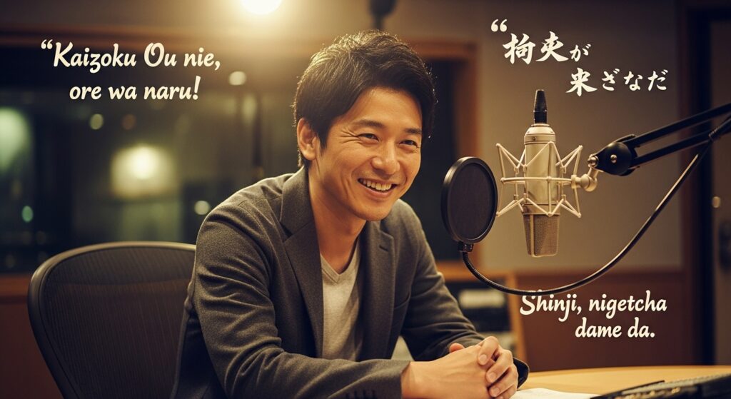 人気声優・保志総一朗が収録スタジオでマイクに向かう、情熱的で魅力あふれるポートレート。背景には彼が演じたアニメの象徴的なセリフがかすかに浮かび上がり、温かくノスタルジックな雰囲気を醸し出しています。プロフェッショナルな声優としての真髄を捉えた一枚。