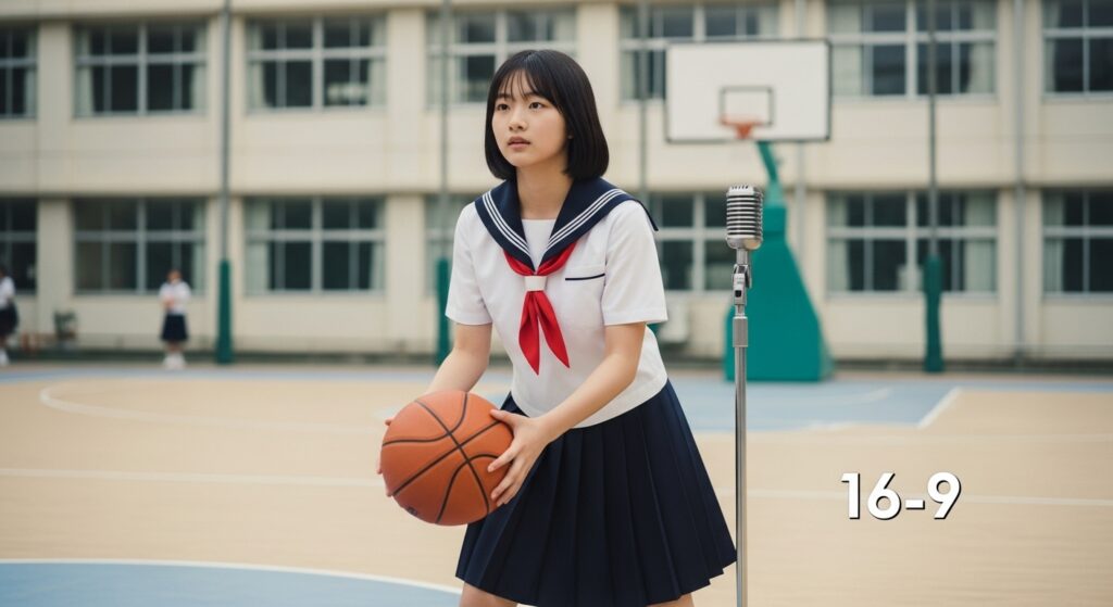アメリカの校庭で日本の制服を着てバスケットボールをする女子中学生。内田恭子さんのシカゴ留学時代を彷彿とさせる光景で、青春の輝きと異文化体験が表現されています。遠くにかすかにアナウンサーのマイクが見えます。