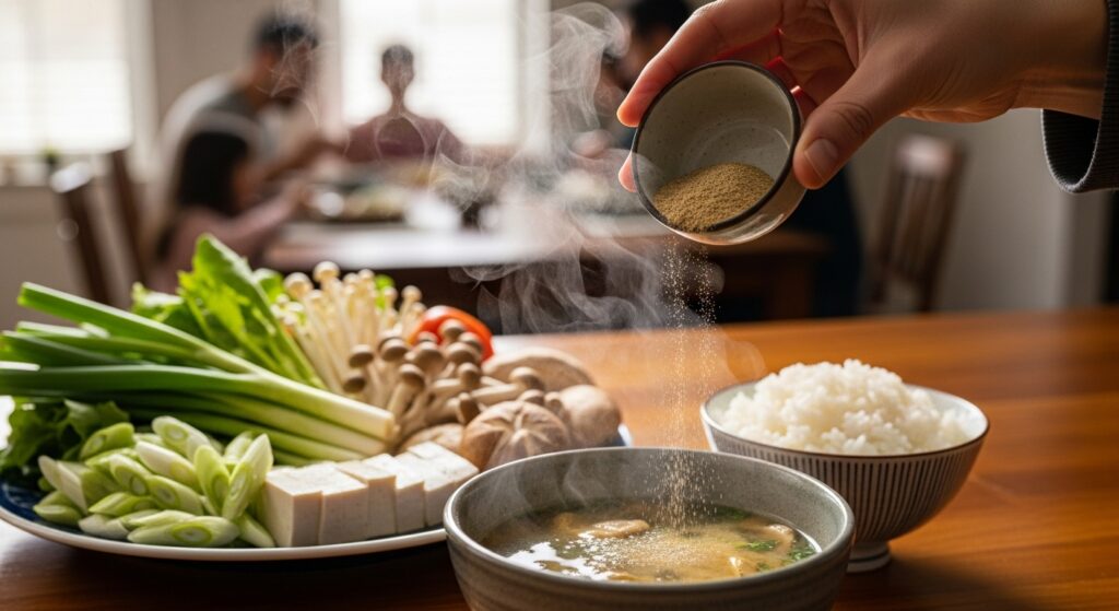 温かい光が差し込むキッチンで、加藤綾菜の万能だし粉が湯気の立つ味噌汁に優しく振り入れられています。手前には新鮮な野菜と炊きたてのご飯が並び、奥には幸せそうに食事を楽しむ家族の温かいシルエットが見えます。健康と美味しさ、そして家庭料理の温かさを象徴するシーンで、加藤綾菜さんのだし粉を使った簡単・健康レシピへの期待感を高めます。
