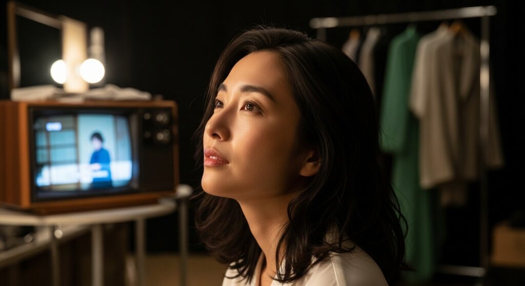 柔らかな光に包まれた朝ドラの舞台裏で、思慮深く遠くを見つめる女優・古川琴音さん。背景にはテレビセットがぼんやりと見え、彼女が演じる「ラストを彩る役」への期待感を高めるような、静かで深みのあるポートレートです。