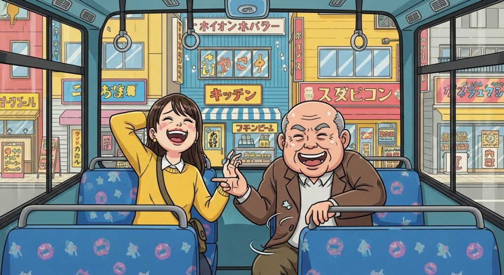 大阪のカラフルな市バスに乗る若い女性と年配の男性が、満面の笑みで大声で爆笑しているコミカルなシーン。35歳差の恋を連想させるような年齢差の二人が、身振り手振りを交えながら楽しげに会話しています。背景には賑やかな大阪の街並みや個性的な店舗が描かれ、ユーモラスで陽気な雰囲気を醸し出しています。漫画風の明るいタッチで、ブログ記事『小野花梨が「大奥」で熱演した35歳差の恋！』の内容を想起させるような、朗らかな一枚です。