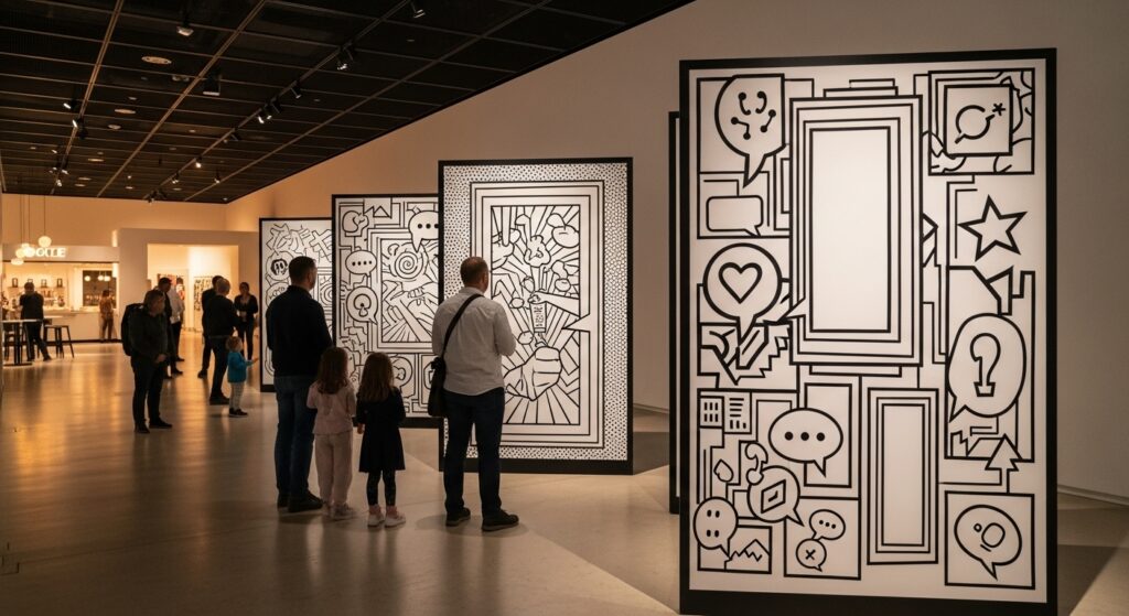 温かい環境光に包まれた現代美術館の内部で、家族や大人が抽象的な白黒のコミック風パネルを熱心に鑑賞しています。パネルにはスタイリッシュなフレーム、吹き出し、星やハートのアイコンが描かれ、訪問者の興味を引きつけています。奥行きのある構図で、写真の奥にはカフェやショップがぼんやりと見え、クリーンで洗練されたエディトリアル写真の雰囲気です。