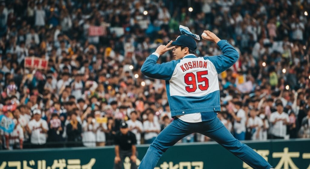 甲子園球場のマウンドで始球式を務める俳優・岡部たかし氏。デニム地のユニフォーム姿で、目の横にBTSのVがよく行うポーズを決め、遊び心あふれる表情を見せている。背景には熱狂的な観衆が写り、球場の活気が伝わる一枚。朝ドラ起用前の話題となった瞬間を捉えた画像で、検索エンジンとスクリーンリーダーのために具体的な内容と関連キーワードを盛り込んでいます。