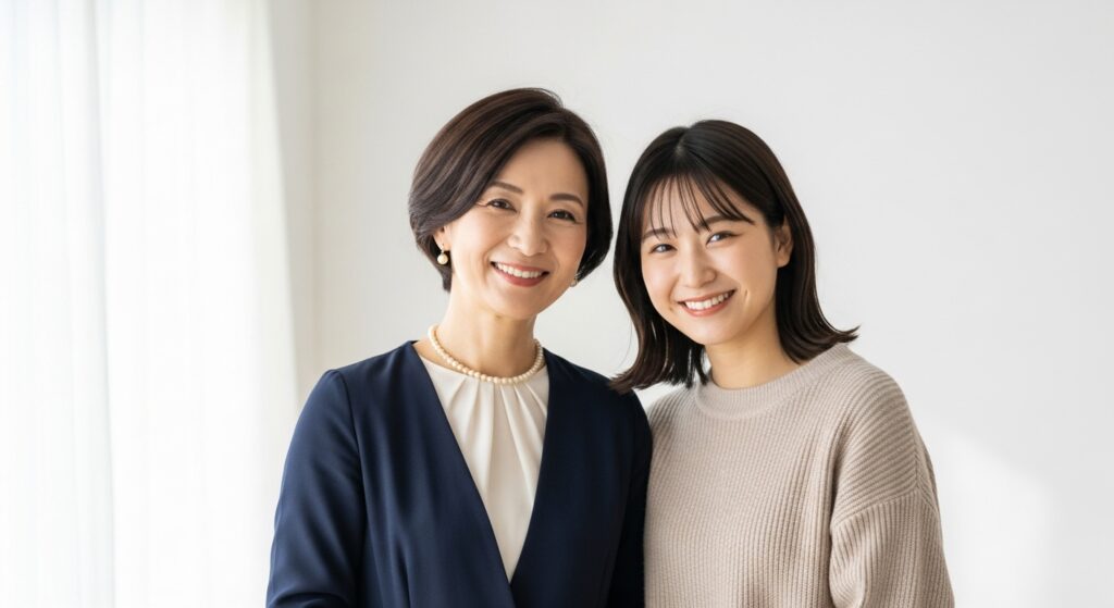 年齢差のある温かい日本の姉妹が寄り添うイラスト。40代のエレガントな姉と20代の陽気な妹が、深い家族の愛情と強い絆を象徴する笑顔を見せています。ソフトな自然光とモダンなミニマリズムデザインで描かれ、明るい背景が二人の絆を引き立てます。内田有紀さんの妹・澪奈さんに関連するブログ記事のアイキャッチとして、家族関係の温かさを表現します。