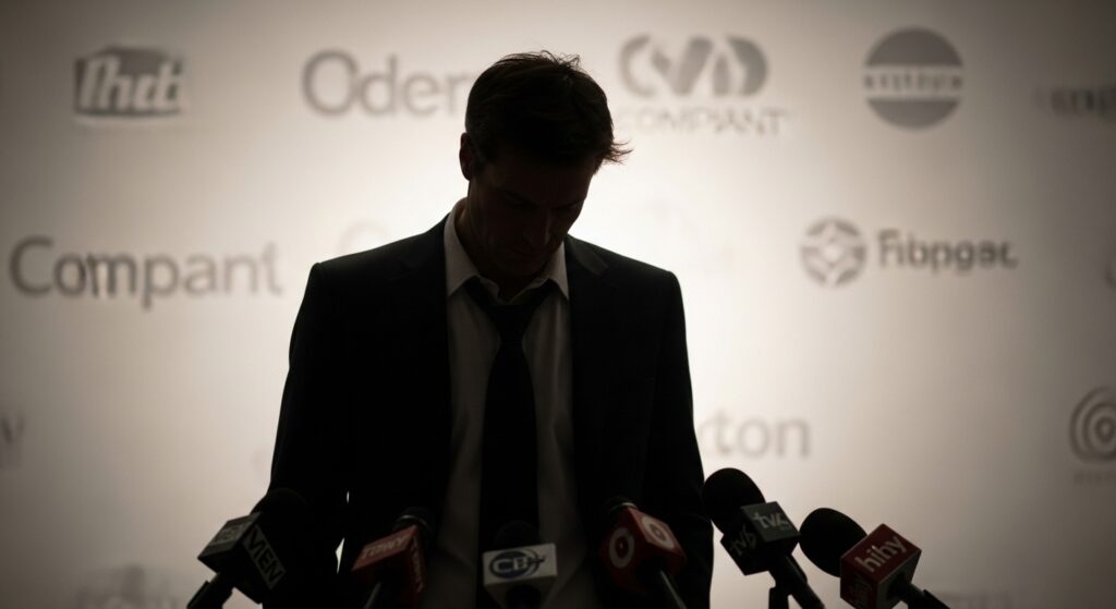 新浪剛史会長が辞任会見に臨む姿を暗示する、引き締まったプロフェッショナルなシルエット。ニュートラルな色調と控えめな企業ロゴの記者会見用背景が、サプリ問題を受けた辞任と危機管理の雰囲気を強調しています。読者はこの画像から、新浪氏の決断とその背景にあるサプリ問題、そしてSNSでの反応について詳細を期待できます。