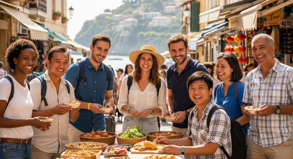 活気ある市場で、旅サラダレポーターが現地住民と笑顔で交流するアイレベルショット。温かい自然光の中、旅行、地元の食べ物、文化交流の要素が鮮やかに描かれ、喜びと発見、そして authentic なつながりを表現。視聴者を引き込むレポーターの魅力と影響力を象徴する一枚。