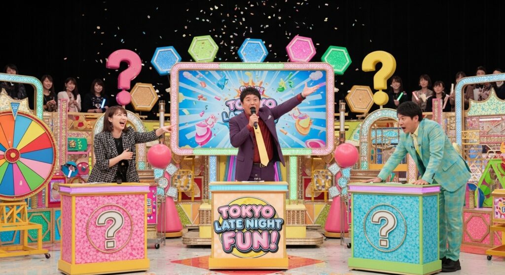 東京の活気ある深夜番組スタジオを背景に、3人の日本人バラエティ番組MCが笑顔で会話している様子。カラフルな小道具が散りばめられた賑やかなゲーム番組セットで、ポップでエネルギッシュな雰囲気が伝わる画像。視覚的な魅力を高めるため、コントラストの効いた照明が使用されています。