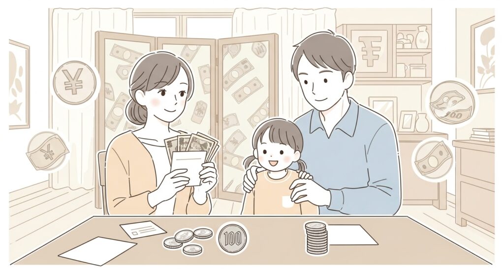 柔らかなパステル調で描かれた政策イラスト。日本の家庭（親と子供）が政府からの支援金を受け取る様子を表現。百円硬貨や紙幣のモチーフが背景に散りばめられ、穏やかで情報提供的な雰囲気を醸し出しています。家計支援や給付金制度の視覚的な説明に適しています。