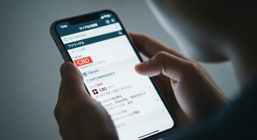 ミュートトーンで表現されたカジュアルなインターネットの雰囲気の中、一人の人物が日本語ニュースサイトのオンラインコメントを読んでいるクローズアップ画像。特に「CBD」というキーワードがハイライト表示されており、オンラインでの情報収集やユーザーの意見に焦点を当てています。