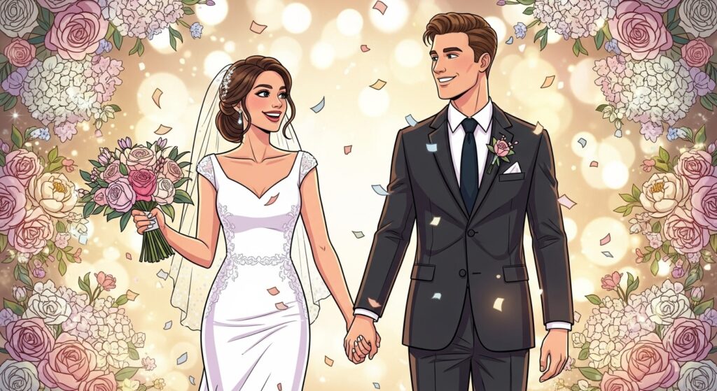 松井愛莉さんとモデルKOHEIさんの結婚を祝福する、喜びとロマンスあふれるイラスト。長身でスタイリッシュな新郎新婦が笑顔で手を取り合い、柔らかな光、花々、そしてお祝いムードに包まれています。暖かく陽気なモダンポップスタイルで描かれ、エンタメニュースに適した16:9の画像です。視覚に障がいのある方にも情景が伝わるよう詳細に描写しています。