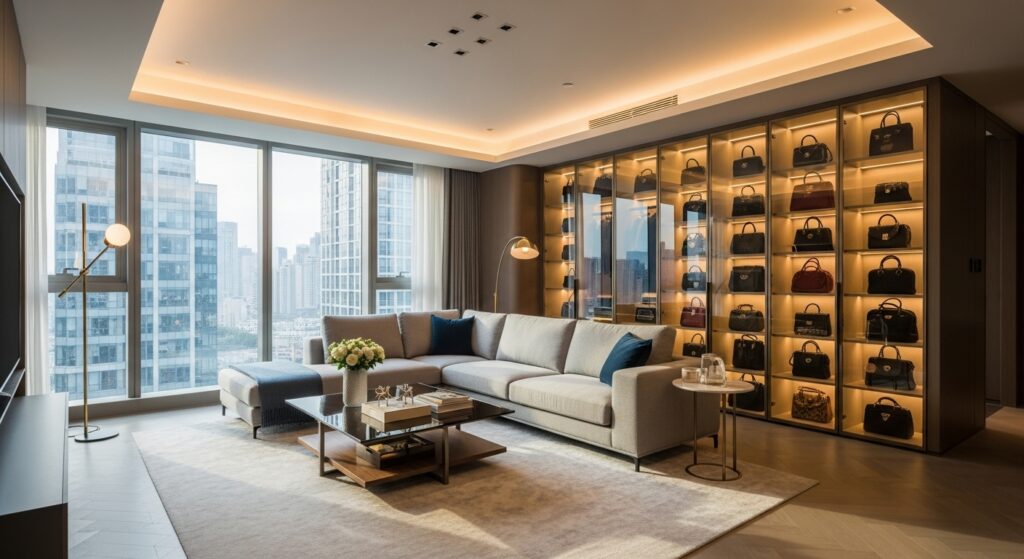 板野友美さんの新居の広々としたモダンリビングルーム。床から天井までの窓が差し込む光でミニマリストな空間を明るく照らし、高級ブランドのハンドバッグが並ぶ豪華なクローゼットディスプレイが見える。温かい間接照明が洗練された雰囲気を演出し、220平米の富豪の新居を象徴する一枚。