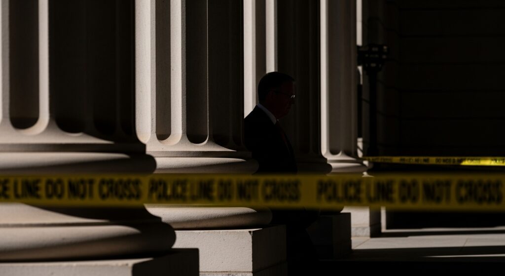 永野耕平前岸和田市長の逮捕を報じる緊迫したニュースシーン。裁判所の荘厳な柱の陰に立つ中年の男性政治家のシルエットが描かれ、背景には警察の規制線が控えめに写り込んでいる。疑惑の真相解明を求める世間の関心を表す象徴的な画像。