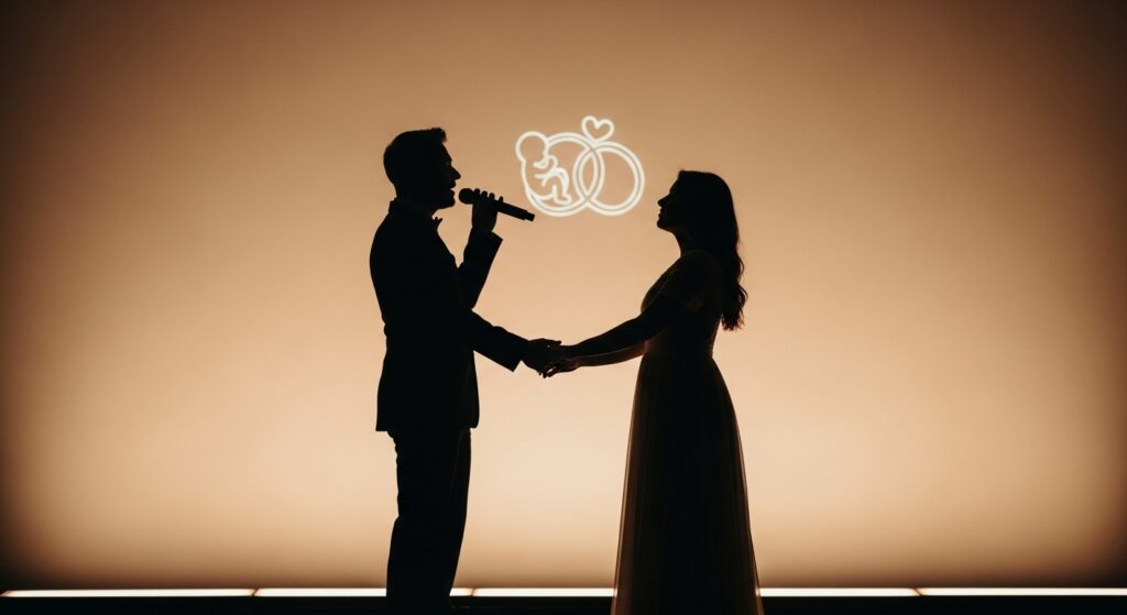 暖かく柔らかな逆光の中に立つ、手を取り合う男性歌手と女性のシルエット。背景には、さりげなく指輪や赤ちゃんの誕生を思わせるシンボルがぼんやりと浮かび上がっています。エレガントで心温まる感動的な雰囲気が特徴で、愛と絆、新たな始まりを象徴する画像です。