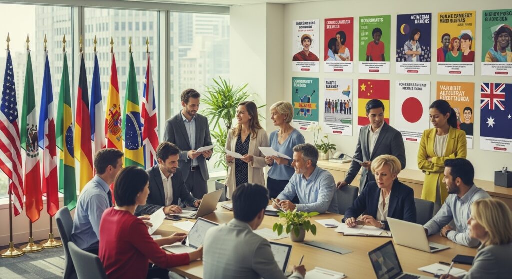 現代的な政府オフィスで、様々な国籍や背景を持つ人々が協力し合う様子。各国の国旗が並び、多言語のポスターが国際的な協調と多様な意見交換を象徴。オープンで包摂的なコミュニティ会議の雰囲気を示す画像。