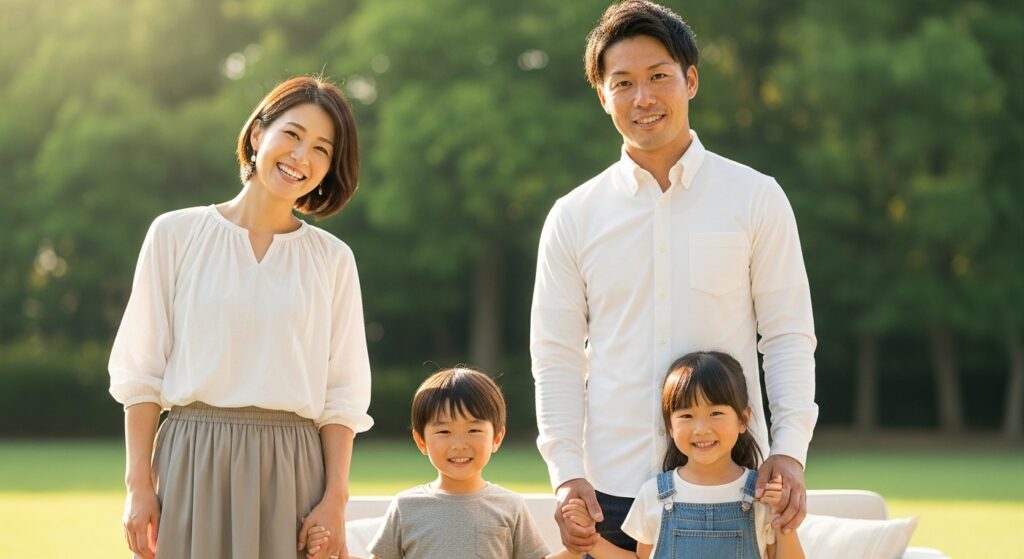 元モーニング娘。の石川梨華さんと、夫で元プロ野球選手の野上亮磨さん、2人のお子さんが手を取り合って笑顔を見せている温かい家族写真。自然光が差し込む公園のような場所で、幸せな結婚生活と現在の活動を象徴する光景です。