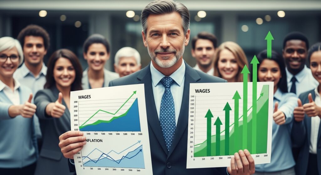 賃上げ関連のグラフやインフレ指標のチャートを掲げ、上昇矢印と支持する労働者に囲まれた石破首相の肖像。プロフェッショナルで楽観的なトーンで、賃金増加と経済成長への期待を表現しています。ブログ記事「石破首相の賃上げ戦略とは？“物価超え”への真意と秋の経済対策を紐解く」の内容を補完する画像です。