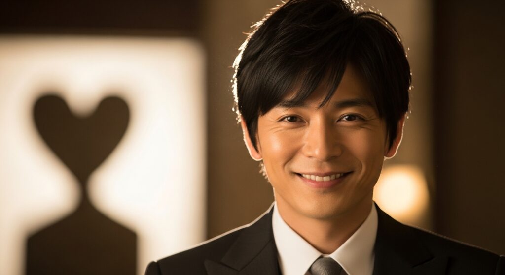温かくエレガントな雰囲気の中、優しく微笑む日本人男性俳優のポートレートです。柔らかな照明が彼の顔を照らし、背景には結婚を示唆する控えめなハート型のシルエットがぼんやりと見えます。