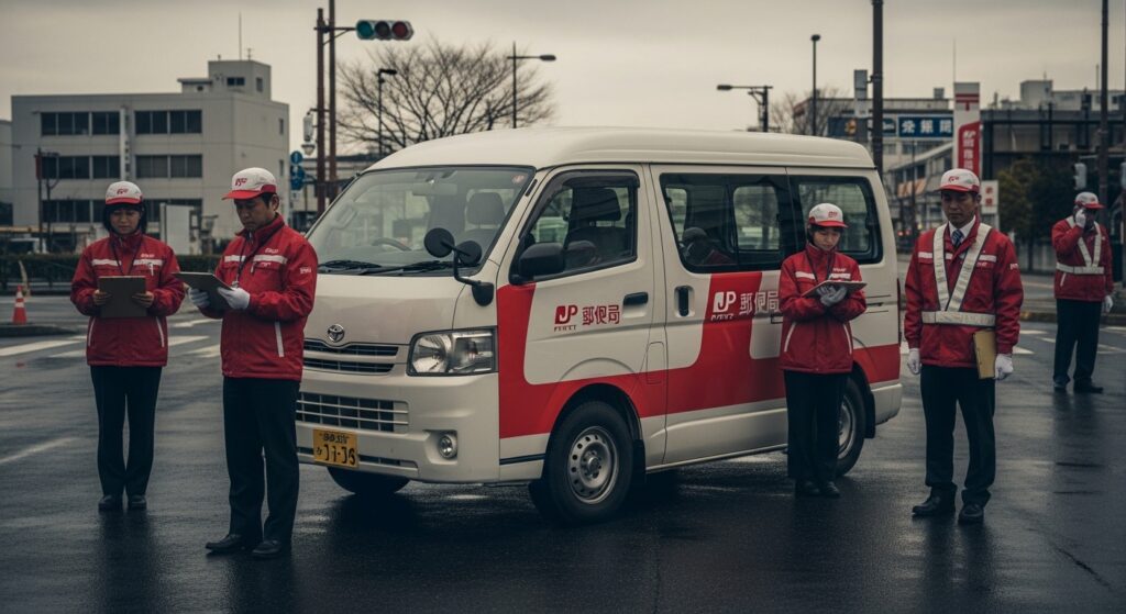 日本郵便のロゴが入った軽商用車が駐車しており、その周りに複数の郵便配達員が集まっています。全体的に抑制された色彩で、規制や厳しい労働環境を示唆するような重苦しい雰囲気が漂っています。16:9のアスペクト比で撮影されており、スクリーンリーダー利用者にも詳細な情報を提供し、検索エンジンにも内容を正確に伝えます。