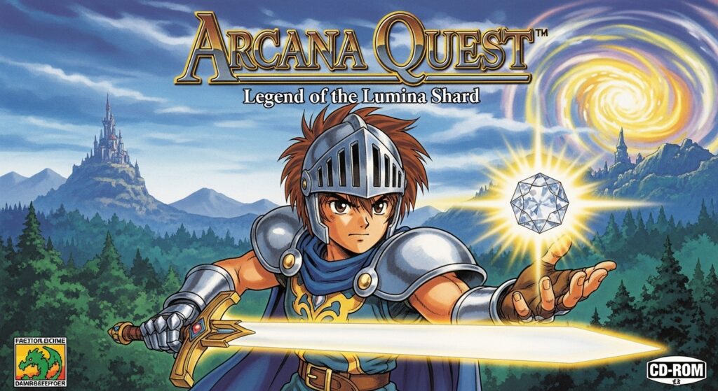 1990年代の日本のレトロアクションRPGのパッケージデザインを模したイラスト。勇敢な若い騎士が神秘的な宝石を手にし、ファンタジーの世界観が描かれています。CD-ROM時代のゲームの魅力を象徴し、『風の伝説ザナドゥ』の移植計画やシステム、その歴史的背景を視覚的に表現しています。